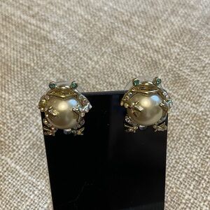 Betsey Johnson Gold Pearl Frog Stud Earrings with Green Crystal Eyes